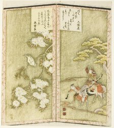 Minamoto no Yoshiie on horseback and a bird on a branch, from an untitled hexaptych..., c. 1825. Creator: Shinsai.