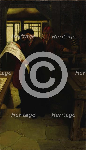 Gutenberg at the Press, 1902. Creator: Pyle, Howard (1853-1911).