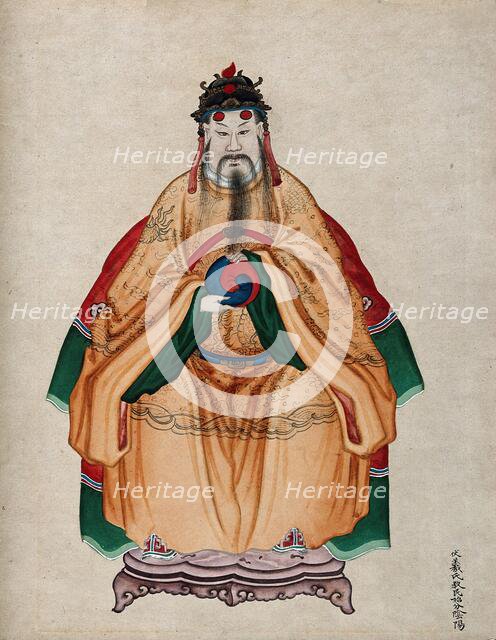 Chinese Emperor Fu Hsi, wearing traditional costume, holding the 'Yin-yang' symbol, 19th century. Creator: Unknown.