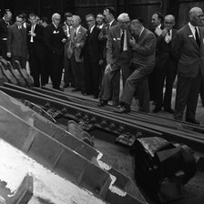 Inspecting a tram junction, made at the Edgar Allen Steel Foundry, Meadowhall, Sheffield, 1962. Artist: Michael Walters