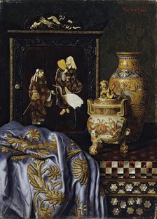 Still life with Japanese art objects, 1888. Creator: Max Schodl.