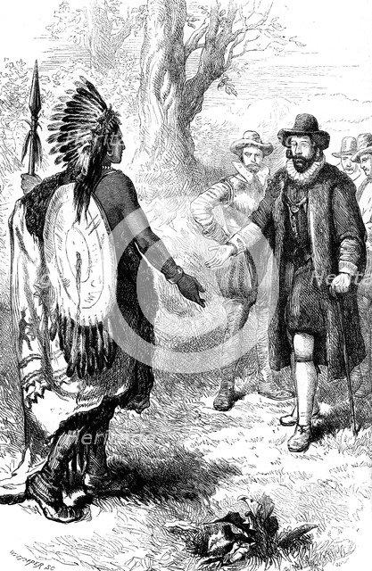 Reception of a Narragansett warrior by John Winthrop, Massachusetts, c1630s (c1880). Artist: Whymper