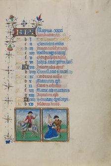 Calendar Page for May: Hawking and Courting: Gemini; Book of Hours, about 1450-1455. Creator: Master of the Lee Hours.