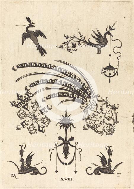 Two Brooches with Bird and Winged Snake at Top and Griffins with Vases at Bottom, 1596. Creator: Daniel Mignot.