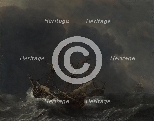 Three Ships in a Gale, 1673. Artist: Velde, Willem van de, the Younger (1633-1707)