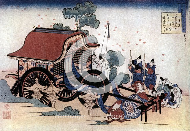 Pulling a three-wheeled carriage, Japanese woodcut, c1780-1849.Artist: Hokusai