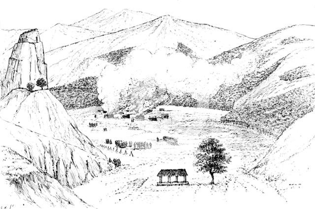 The Chin Expedition: burning of the village of Dimpi, in the Kanhow country, after its capture, 1890 Creator: Unknown.