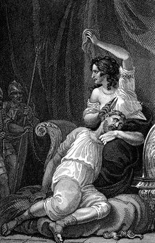 Delilah cutting Samson's hair, thus taking away his strength, 1820. Artist: William Marshall Craig