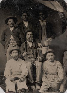 Six Workmen Holding Various Trade Tools: Paint Brushes, Bucket, Glass Bottle, and Ha..., 1860s-70s. Creator: Unknown.