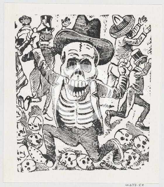 A skeleton holding a bone and leaping over a pile of skulls while people flee, fr..., ca. 1907. Creator: José Guadalupe Posada.
