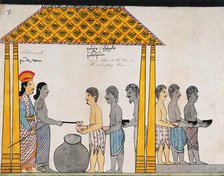 The representative of the people of Jetuttara gives alms to the poor in the victualling rooms, 1815. Creator: Unknown.