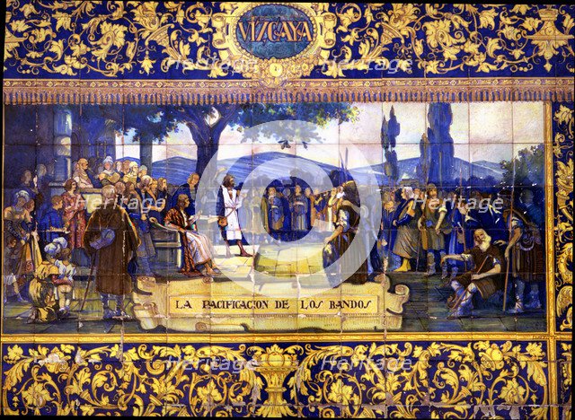 Pacification of Gamboino and Oñacino sides, before the magistrate Gonzalo Moro (1394), tile panel.