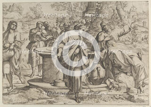 The Samaritan woman standing at the well, Christ seated next to her pointing to the right,..., 1610. Creator: Anon.