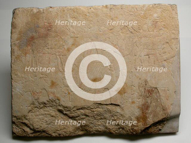 Wall Fragment from a Tomb Depicting Three Offering Bearers, Egypt, Old Kingdom, Dynasty 5... Creator: Unknown.