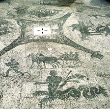 Mosaic, Carts pulled by mules with travellers, Cisarii. c1st Century Artist: Unknown