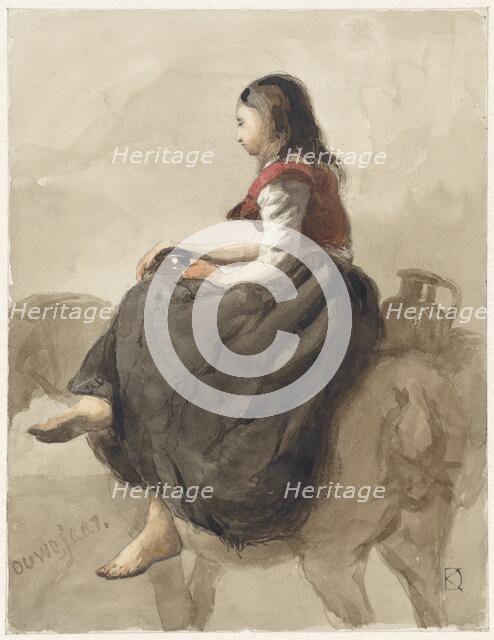 Woman riding side-saddle on a horse with two jugs, 1841-1857. Creator: Johan Daniel Koelman.