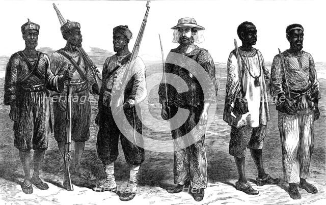 The Ashantee War: sentries of the different lines of troops in camp at Prah-Su, 1874. Creator: Unknown.