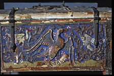 Detail of a chest made in painted wood, decorated with an eagle with two white birds in polychrom…