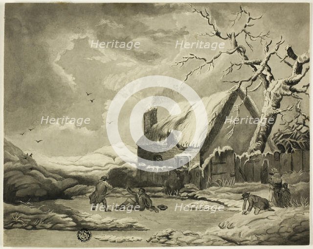 Winter Scene with People Outside a Cottage Near a Pond, n.d. Creator: Unknown.