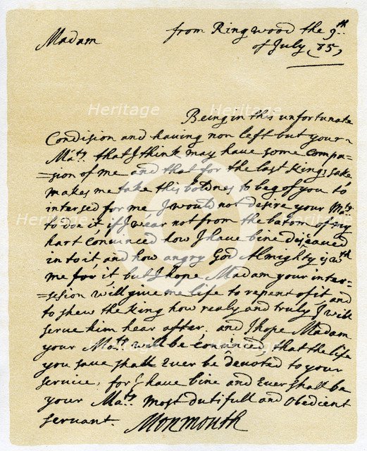 Letter from James, Duke of Monmouth to the Catherine of Braganza, Ringwood, 9th July, 1685.Artist: Duke of Monmouth