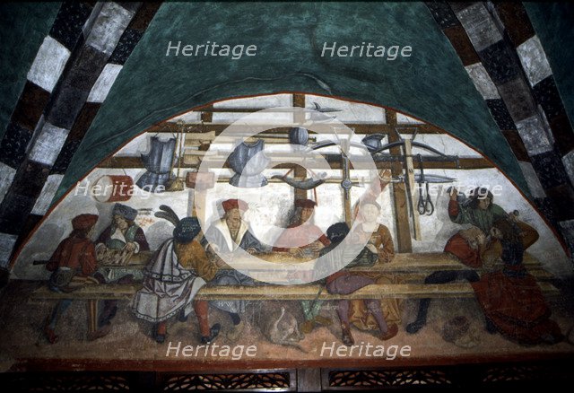 Issogne Castle, frescoes with scenes of the guard.