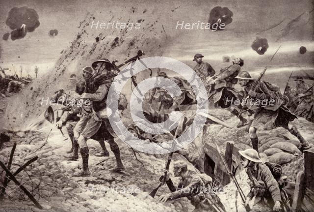 "The Campbells are Coming!" Brave Pipers Playing Highland Regiments to Victory', 1917. Creator: Unknown.