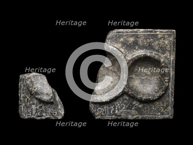 Libation table fragment; corner and part of two circular receptacles, c2325-c2175BC.. Artist: Unknown.