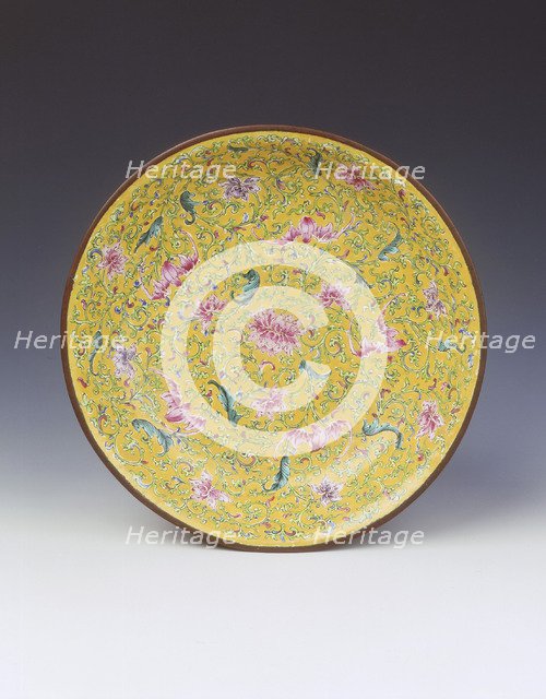 Canton enamel saucer with bats amid foliage, Qing dynasty, China, 18th century. Artist: Unknown