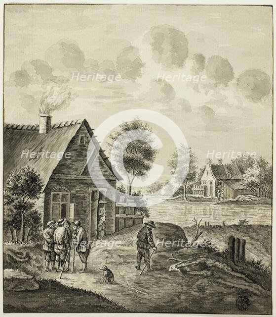Men Conversing Outside House Beside Canal, after 1758. Creator: Unknown.