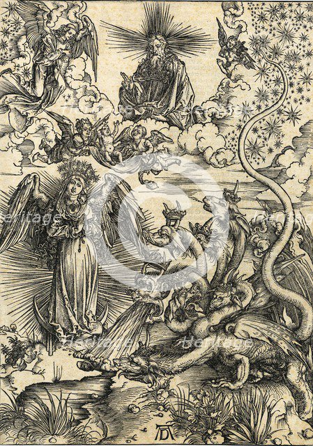 The woman of the Apocalypse and the seven-headed dragon. From Apocalypsis cum Figuris, 1498.