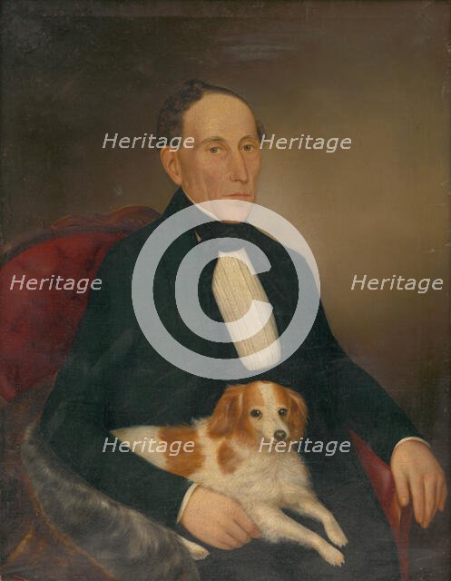 Portrait of a seated man with a dog, 1853. Creator: Palinka.