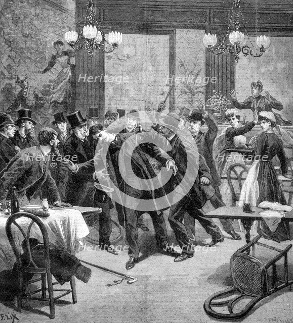 Attack against M Georgewitch, minister of Serbia in Paris 1893. Artist: Frederic Lix