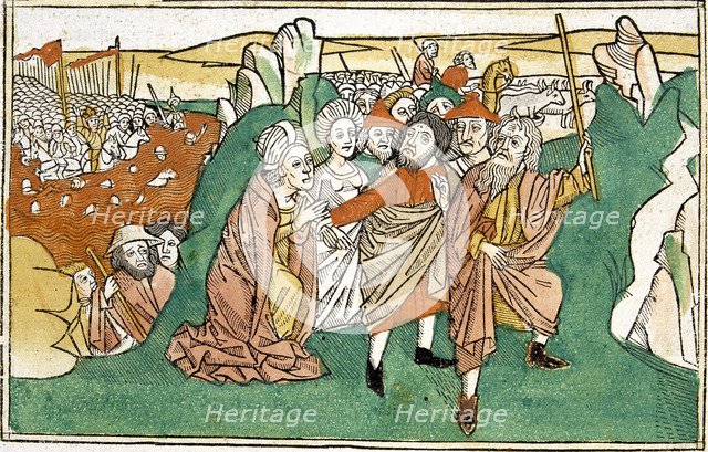 Moses in the Red Sea, scene in the Bible of Nuremberg, written in German, 1483.