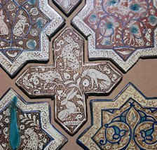 Persian tiles with animals and lines from Persian poetry, 13th century. Artist: Unknown