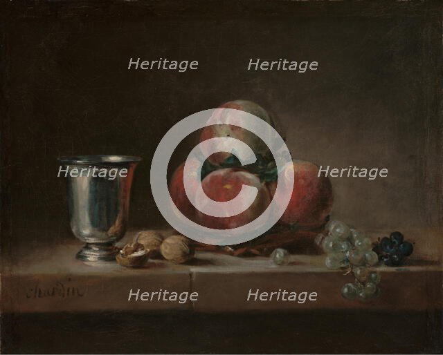 Still Life with Peaches, a Silver Goblet, Grapes, and Walnuts, about 1759-1760. Creator: Jean-Simeon Chardin.