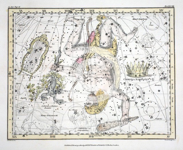 The Constellations (Plate VIII) Coronoa Borealis, Hercules and Cerberus, Lyra, 1822.