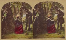 Woman seated at easel painting, two men in top hats watching, about 1865. Creator: London Stereoscopic & Photographic Co.