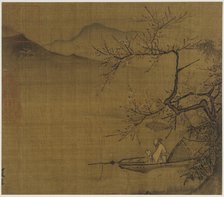 River landscape:a man reading in a boat moored under a blossoming tree, Ming dynasty,1368-1644. Creator: Unknown.