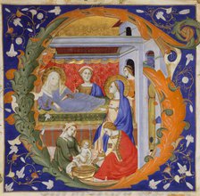 Manuscript Illumination with the Birth of the Virgin in an Initial G, from a Gradual, ca. 1375. Creator: Silvestro dei Gherarducci.