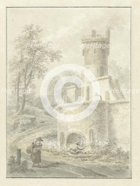 Landscape with an angler and a woman near a fortress tower, 1838. Creator: Pieter Barbiers.