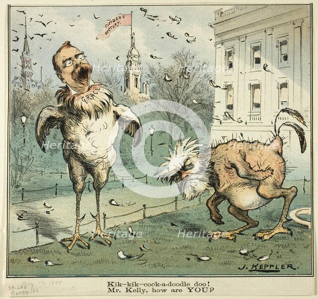 Kik-kik-cock-a-doodle doo! Mr. Kelly, how are YOU?, from Puck, published November 12, 1884. Creator: Joseph Keppler.