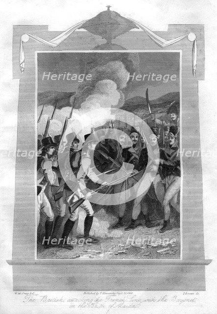 The British attacking the French line with bayonets at the Battle of Maida, 1816.Artist: I Brown