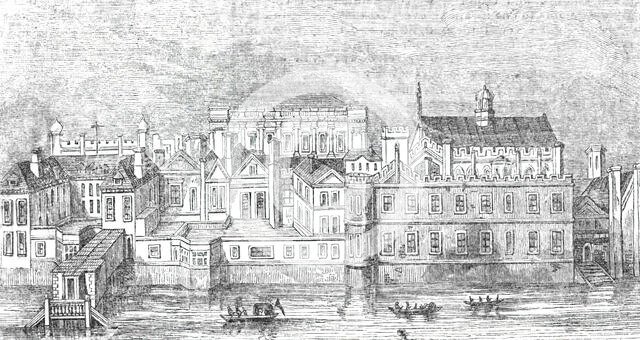 Whitehall, as it appeared before the fire of 1691, 1844.  Creator: Unknown.