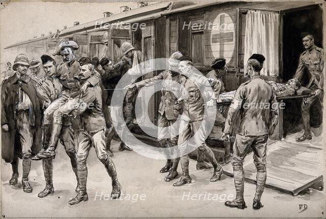 Boer War: wounded soldiers being escorted off the hospital train at Durban from Ladysmith, 1899. Creator: Frank Dadd.