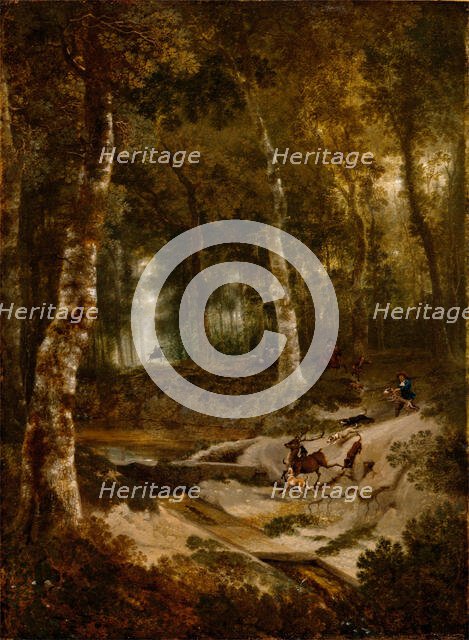 Forest Landscape with Stag Hunt, c.between 1665 and 1670. Creator: Jan Hackaert.