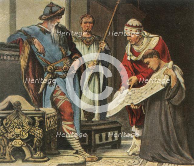 Charlemagne is shown the plans for the Palatine Chapel in Aachen, (1936). Creator: Unknown.