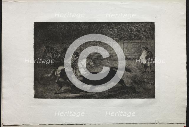 Bullfights: A Spanish Mounted Knight Breaking Short Spears with the Help of Assistants, 1876. Creator: Francisco de Goya (Spanish, 1746-1828).