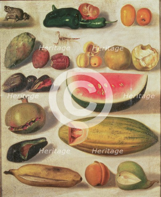  'Still Life with Fruit and Toad', oil by Hermenegildo Bustos.