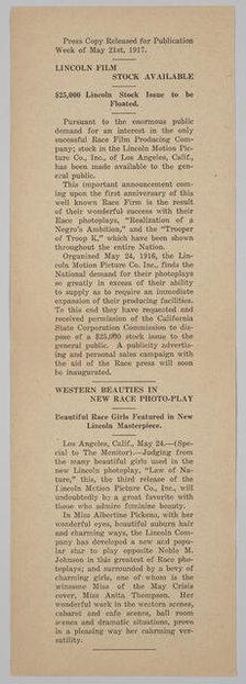Press release from the Lincoln Motion Picture Company, May 21, 1917. Creator: Unknown.