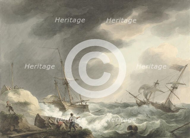 Shipwreck of two ships, one of which is under American flag, on a dune coast, 1780-1848. Creator: Martinus Schouman.